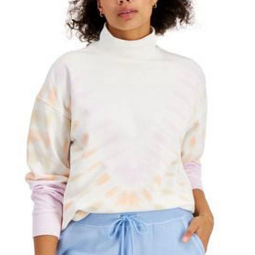 Style & Co Tie Dyed Mock Neck Sweatshirt Women Small Petite White Pink Tan Peach